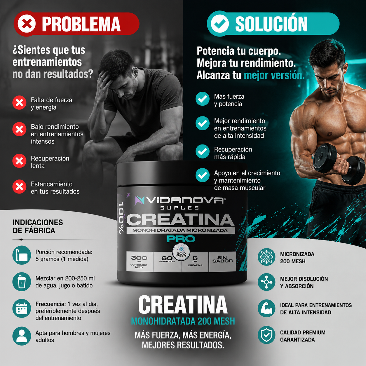 Creatina Monohidratada 300g Premium 200 Mesh | Más Fuerza, Energía y Recuperación Muscular