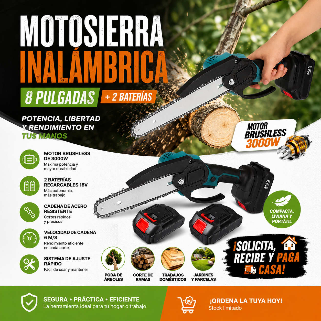 Motosierra Inalámbrica 8” + 2 Baterías