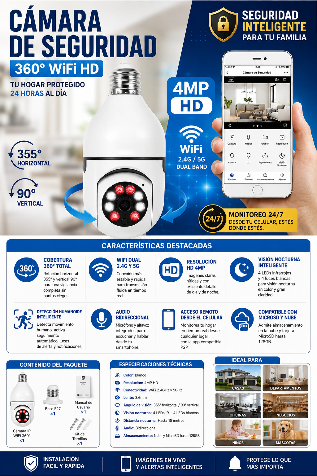 Cámara de Seguridad 360° WiFi HD 1080P – Protección Inteligente para Tu Hogar