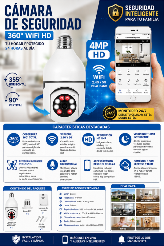 Cámara de Seguridad 360° WiFi HD 1080P – Protección Inteligente para Tu Hogar